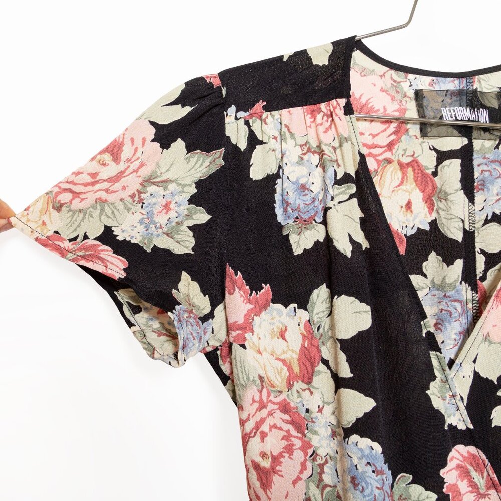 Reformation Linda Brookvale Black Viscose Floral Print Midi Wrap Dress - Size S - Picture 7 of 12